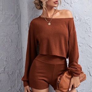 Shoulder Rib-knit Crop Top & Shorts Set